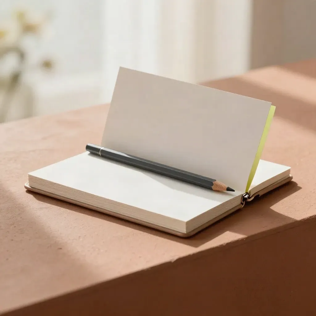 Open essay-fix bundle with case, pencil, paper stack and tabs on terracotta surface
