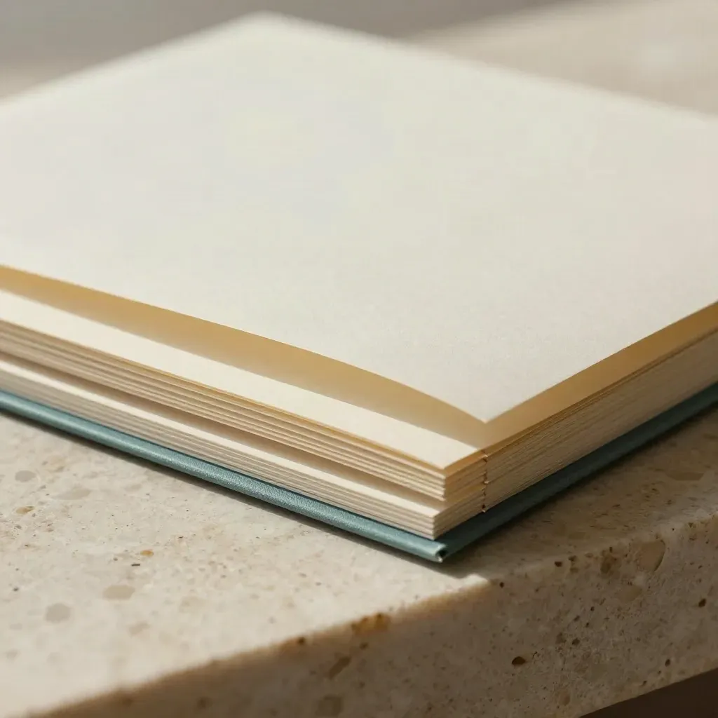 Macro of a paper rewrite kit on travertine with a teal edge and soft light