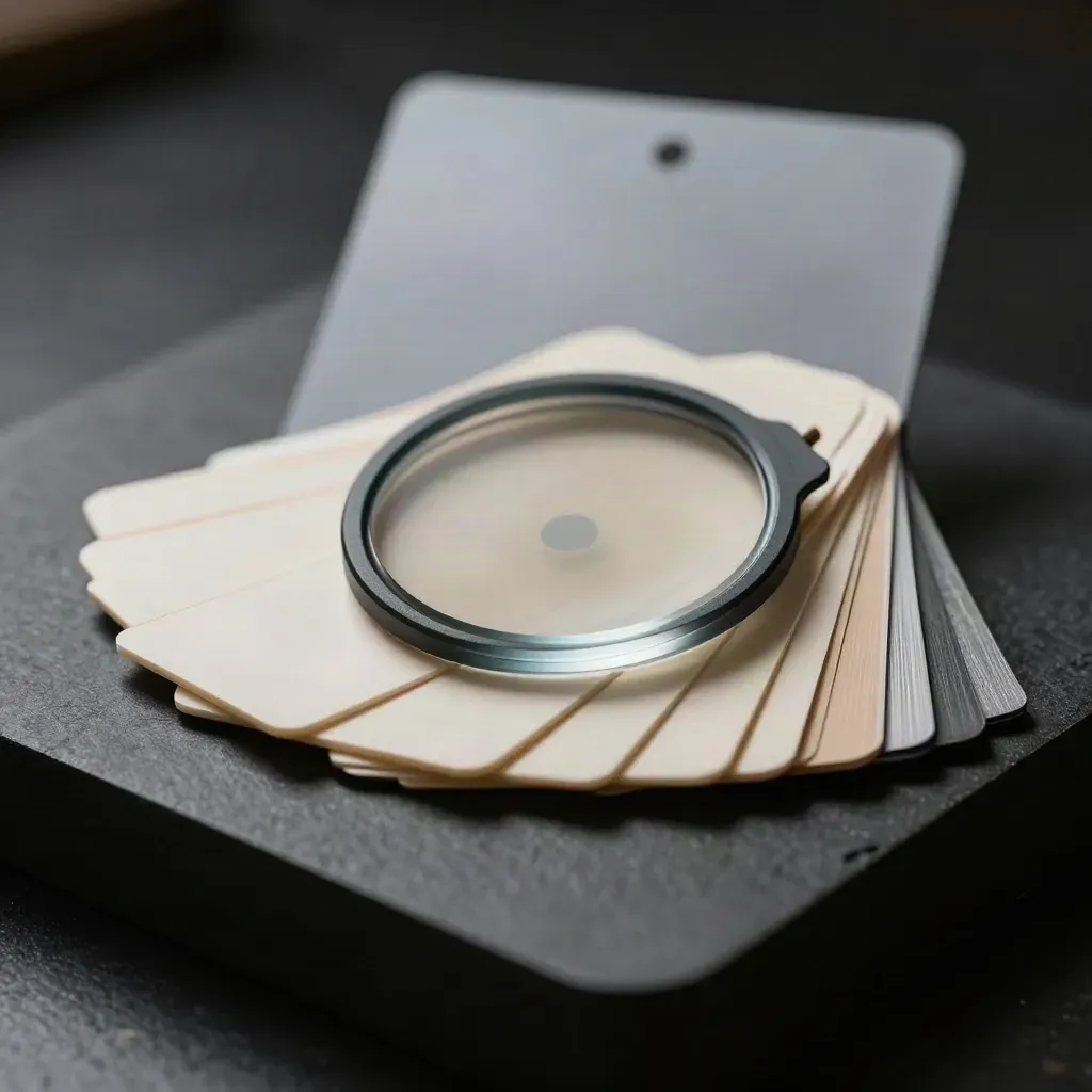Dark tone-check kit with translucent disc and pale swatches on matte black, shot in dramatic side light.