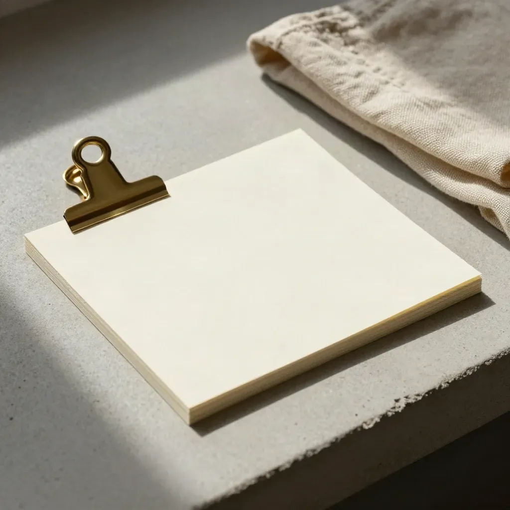 Slim vocabulary note cards, brass clip and folded linen arranged diagonally on pale concrete.
