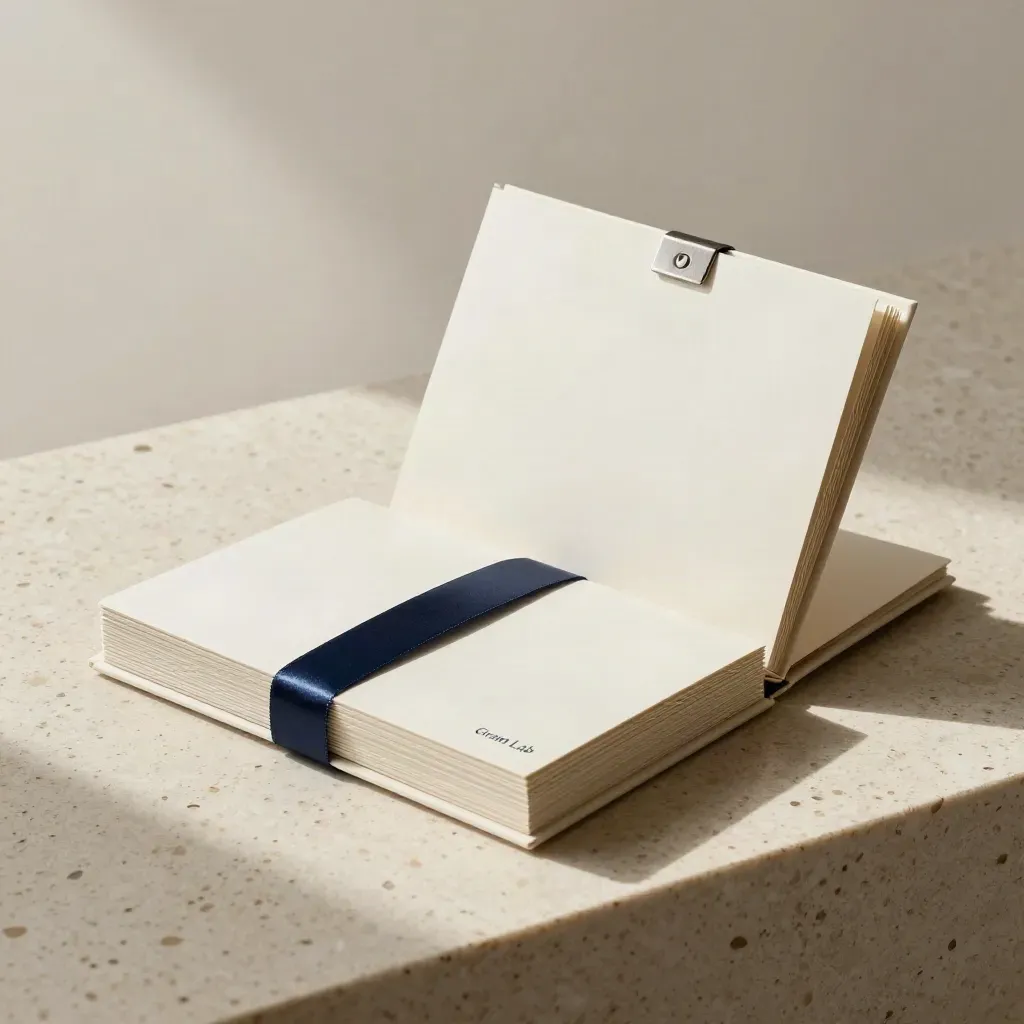 Two cream plan cases with a connector ribbon and stacked cards on bright travertine.